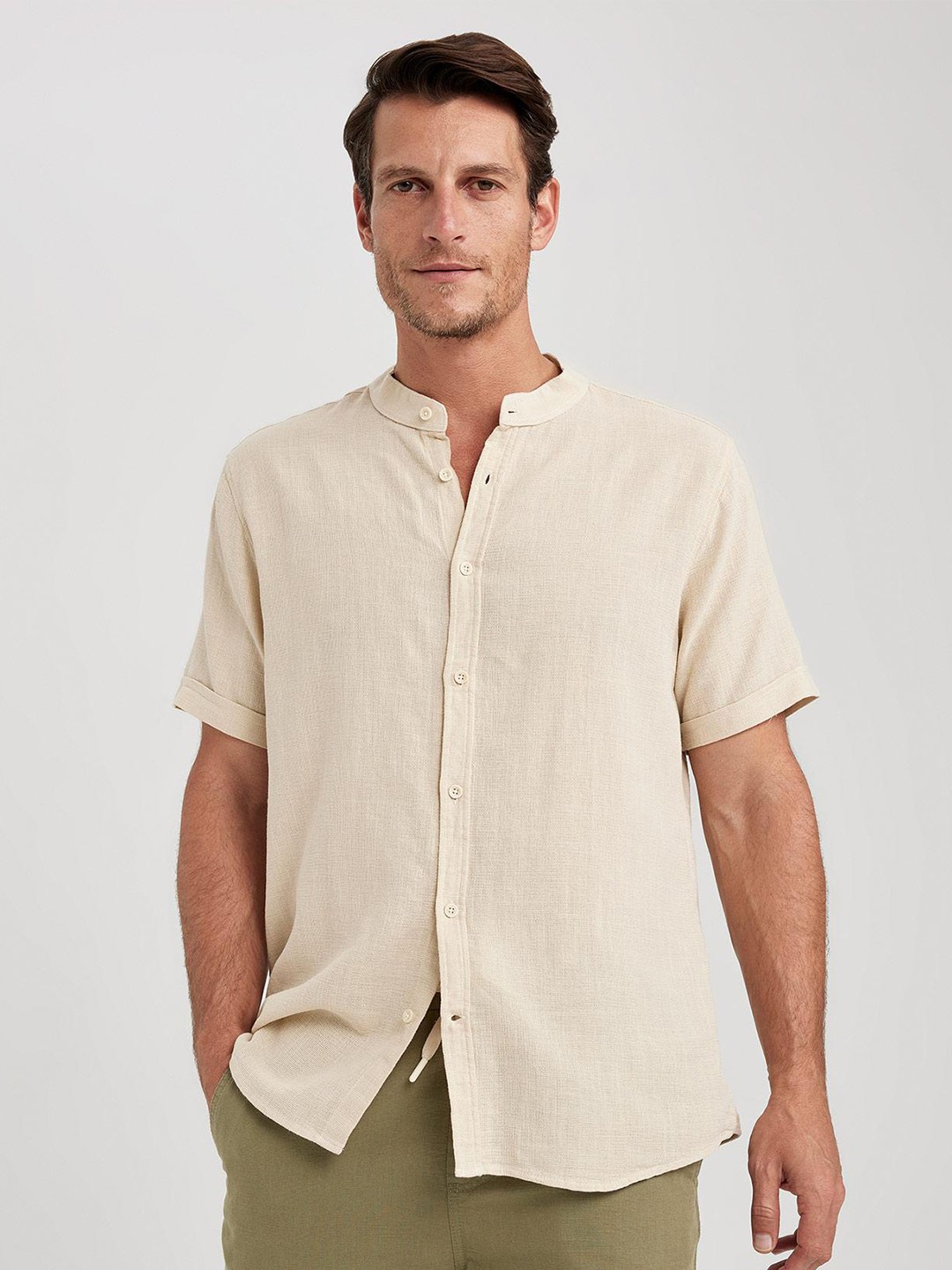 

DeFacto Mandarin Collar Pure Cotton Casual Shirt, Beige