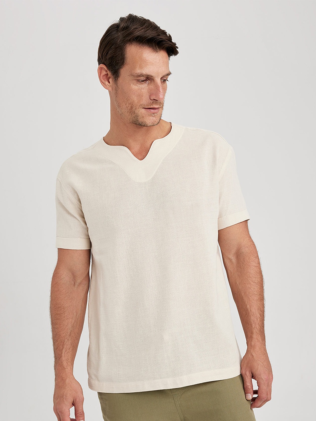 

DeFacto Collarless Short Sleeve Pure Cotton Shirt, Beige