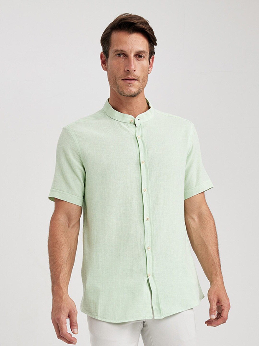 

DeFacto Mandarin Collar Cotton Casual Shirt, Green