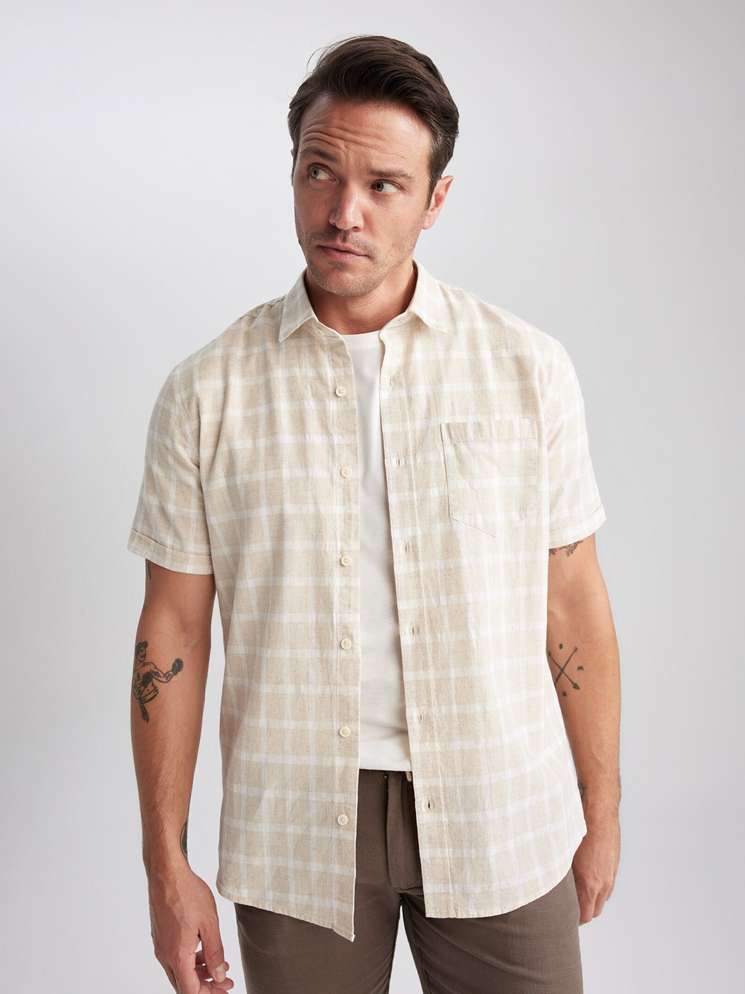 

DeFacto Tartan Checked Cotton Linen Casual Shirt, Beige