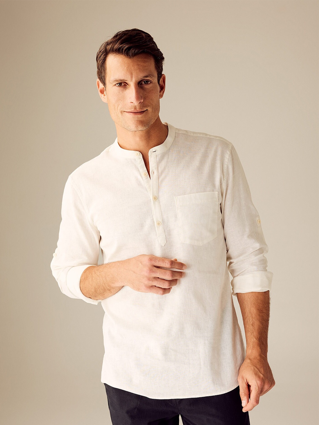 

DeFacto Mandarin Collar Cotton Silk Casual Shirt, White