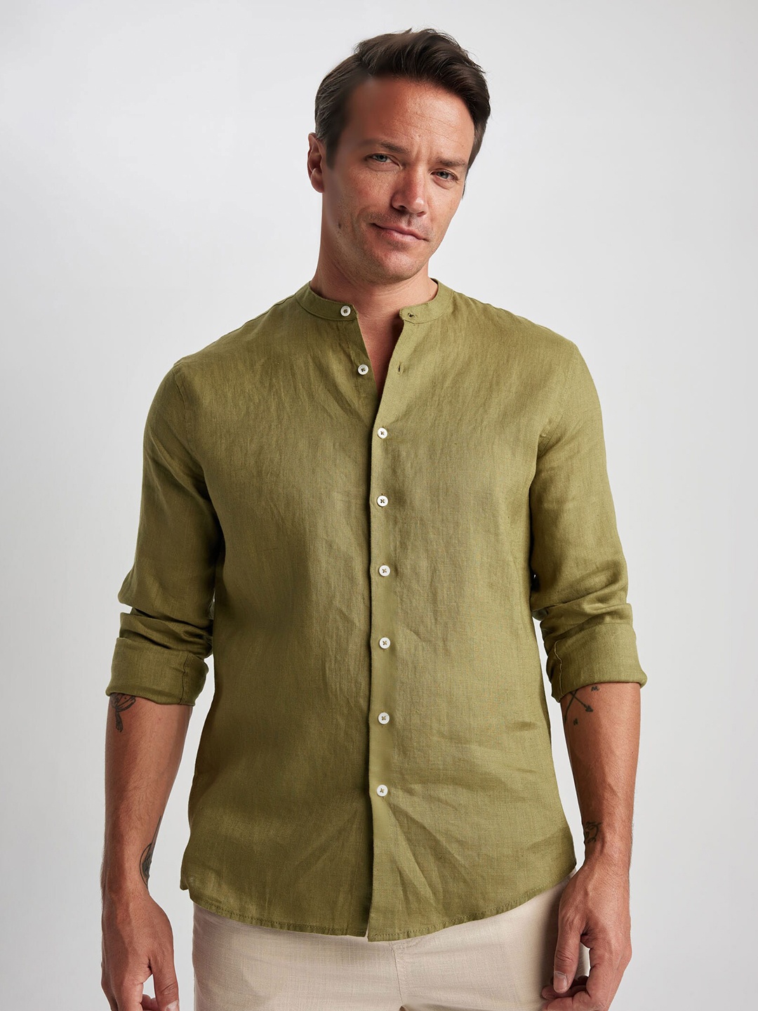

DeFacto Band Collar Pure Linen Casual Shirt, Na