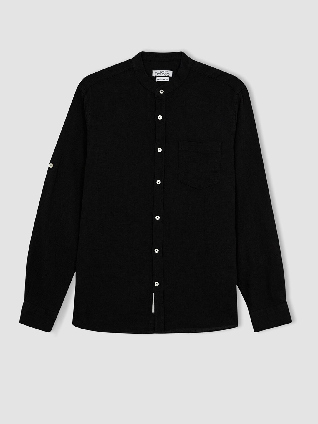 

DeFacto Band Collar Roll-Up Sleeve Pure Cotton Casual Shirt, Black