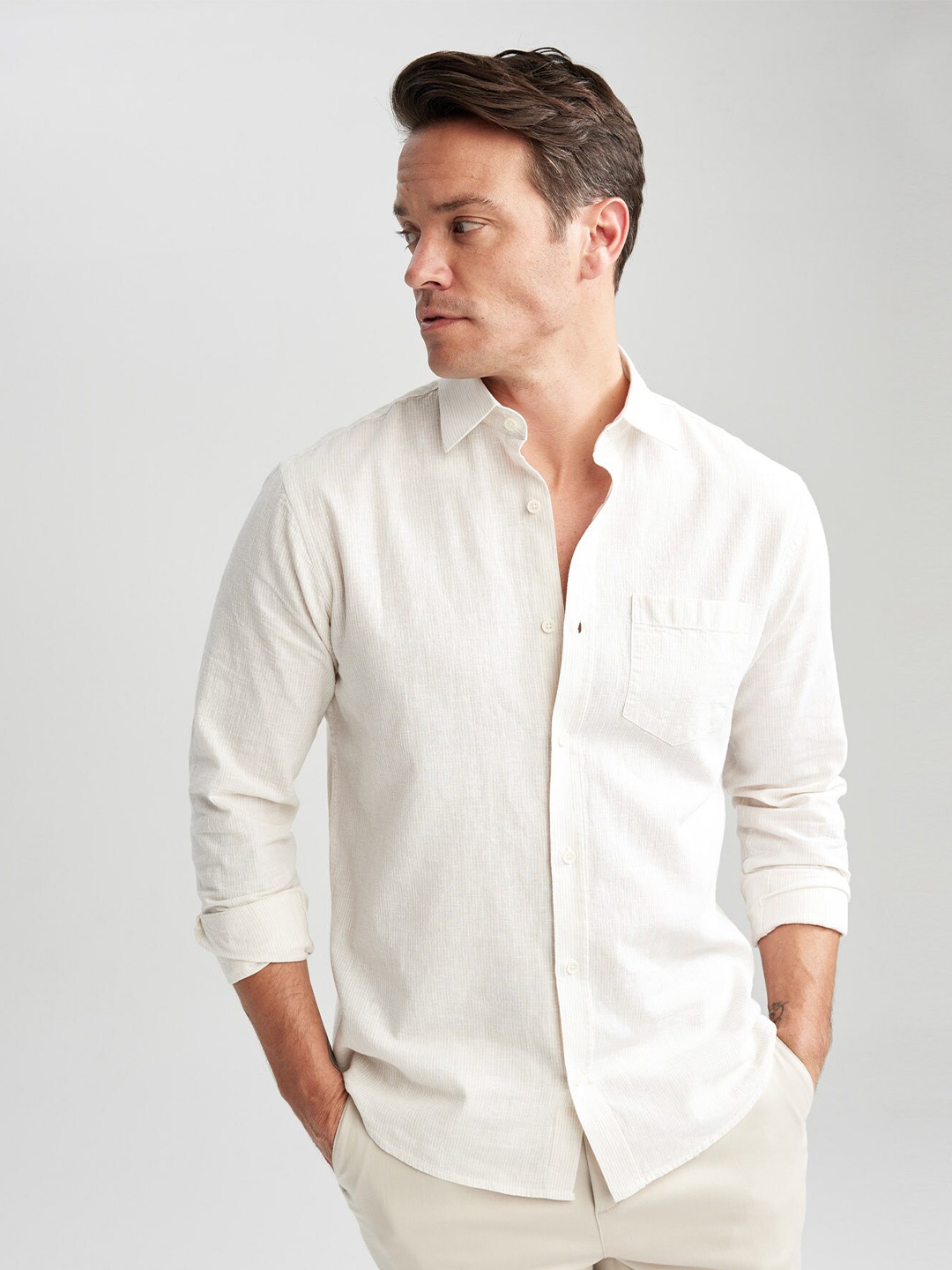 

DeFacto Self Deisgn Cotton Linen Casual Shirt, Beige