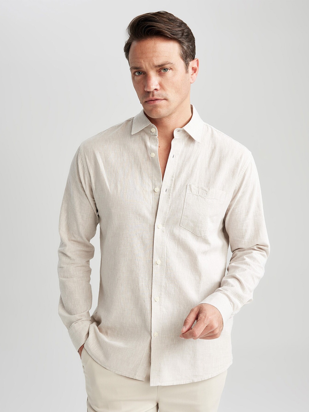 

DeFacto Textured Spread Collar Cotton Linen Casual Shirt, Beige