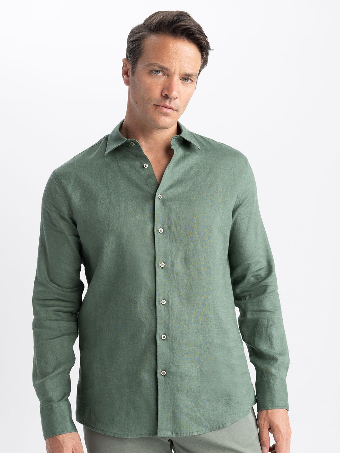 

DeFacto Spread Collar Linen Casual Shirt, Green