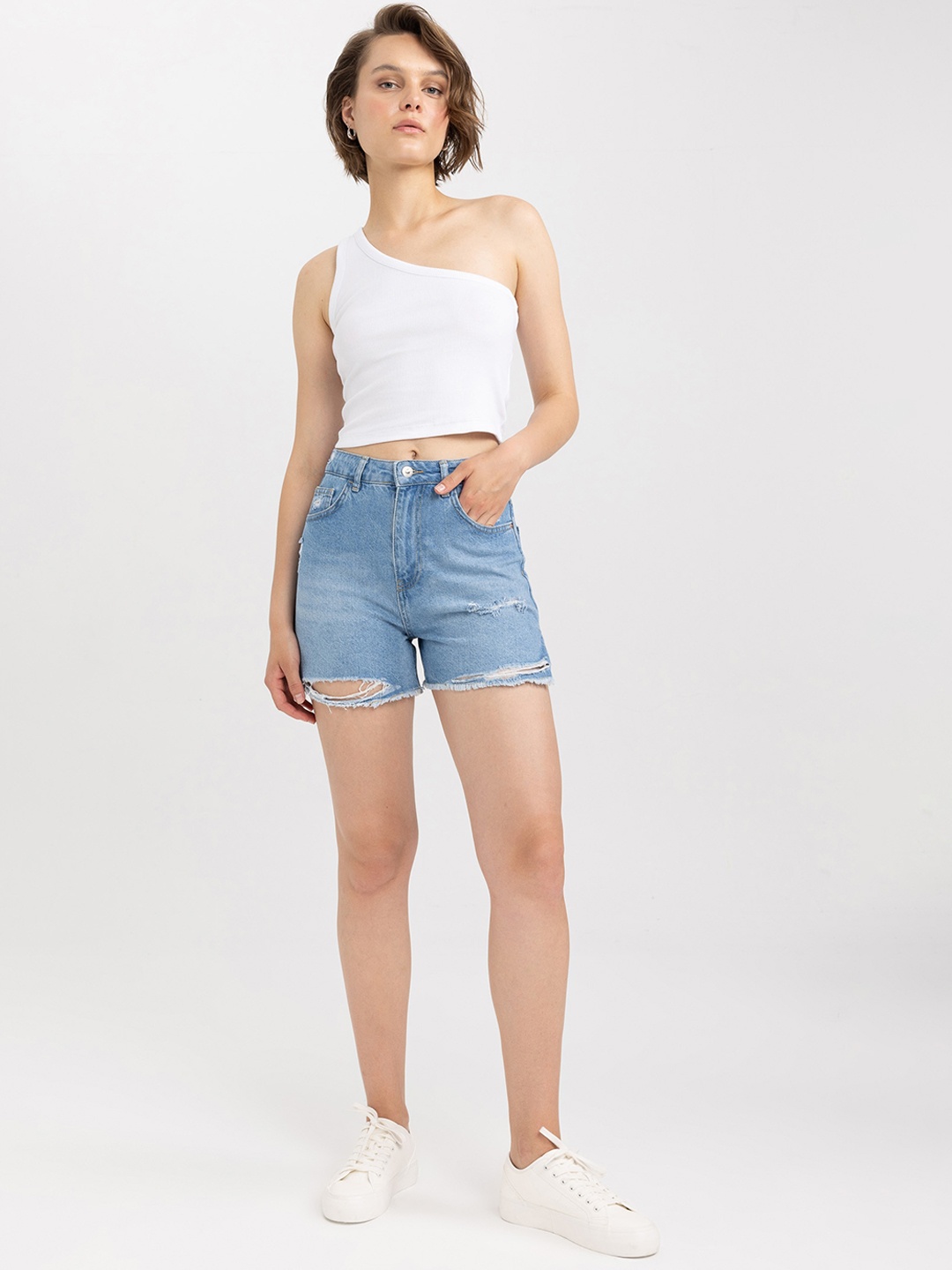 

DeFacto Women High-Rise Ribbed Cotton Denim Shorts, Blue