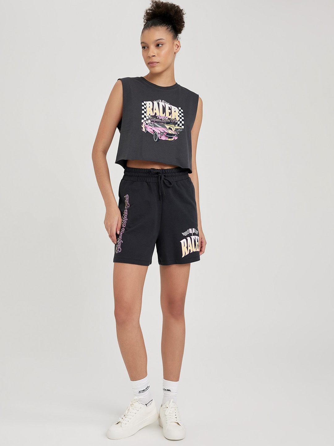 

DeFacto Women High-Rise Printed Casual Shorts, Charcoal