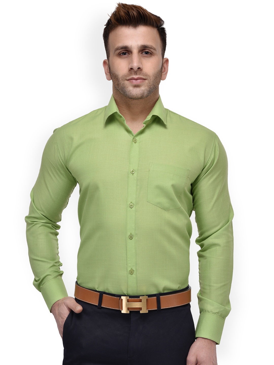 

Hangup Men Green Regular Fit Solid Formal Shirt