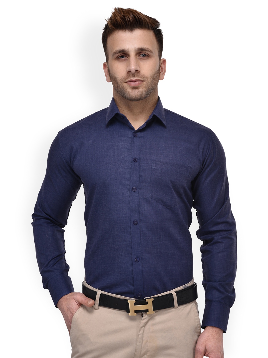 

Hangup Men Navy Blue Regular Fit Solid Formal Shirt