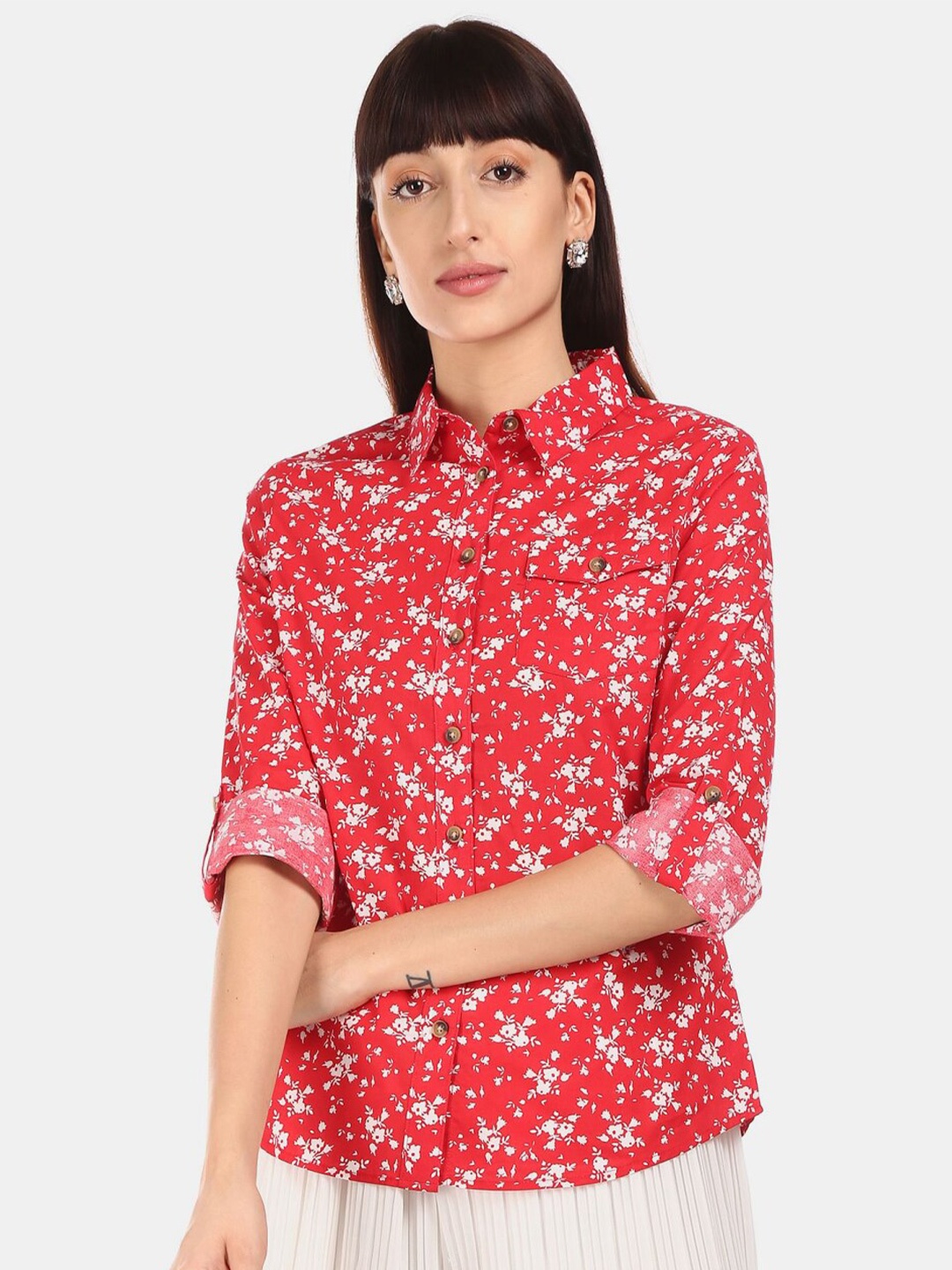 

V-Mart Floral Printed Roll-Up Sleeves Cotton Casual Shirt, Red