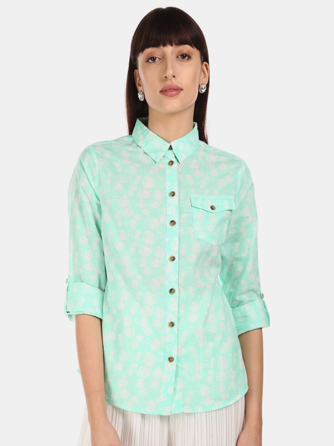 

V-Mart Floral Printed Roll-Up Sleeves Cotton Casual Shirt, Green