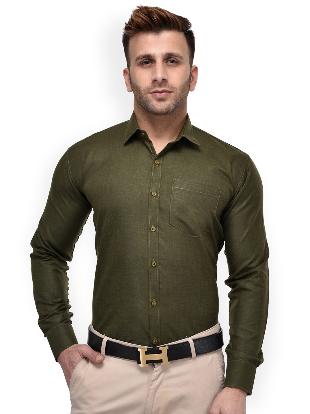 

Hangup Men Olive Green Regular Fit Solid Formal Shirt