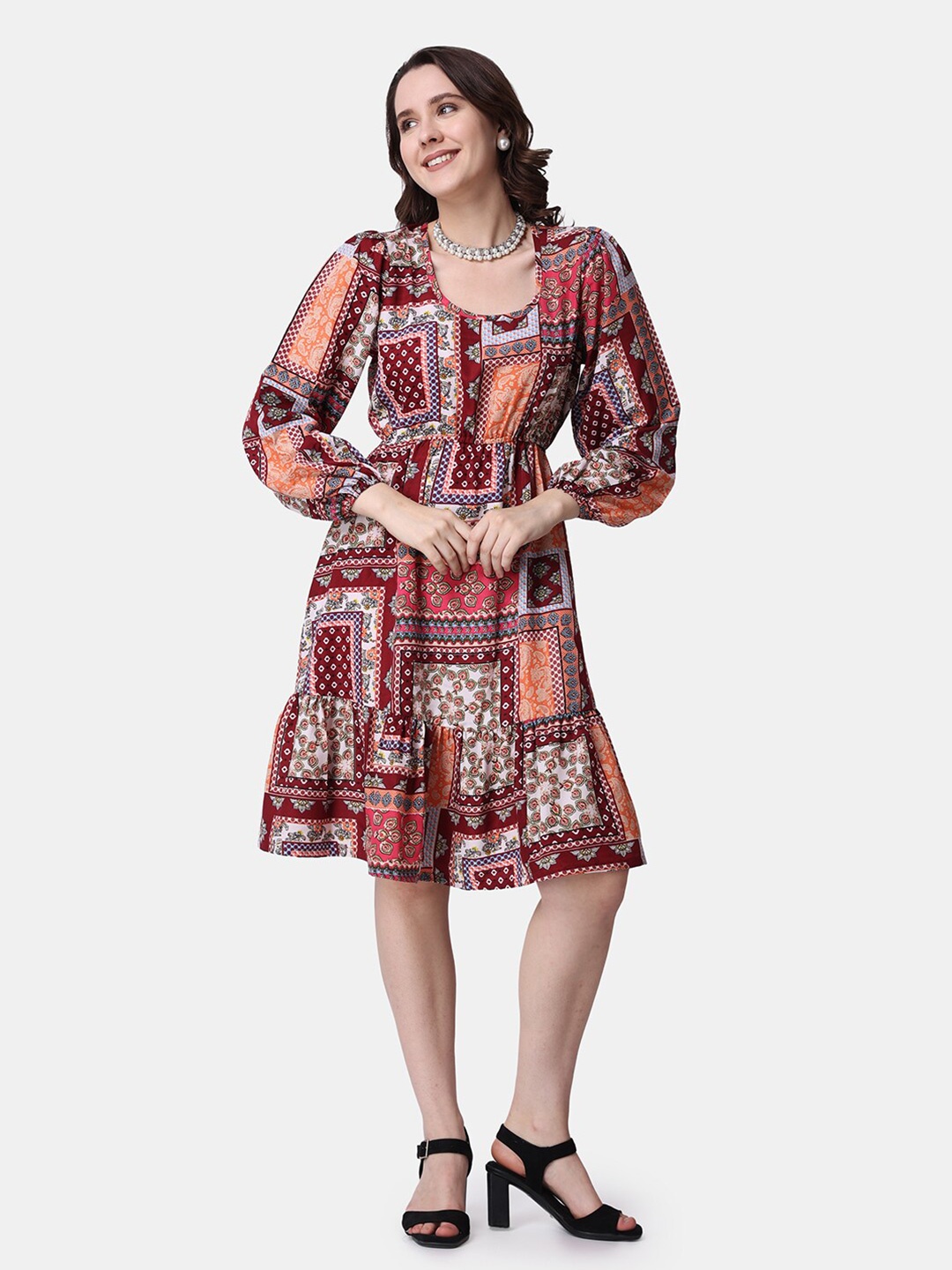 

Popwings Bohemian Printed Round Neck Puff Sleeves Fit & Flare Dress, Maroon