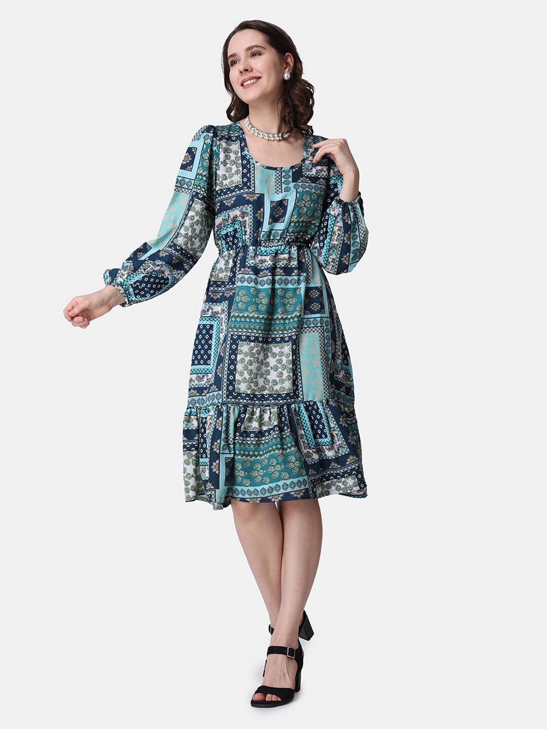 

Popwings Ethnic Motifs Printed A-Line Dress, Green