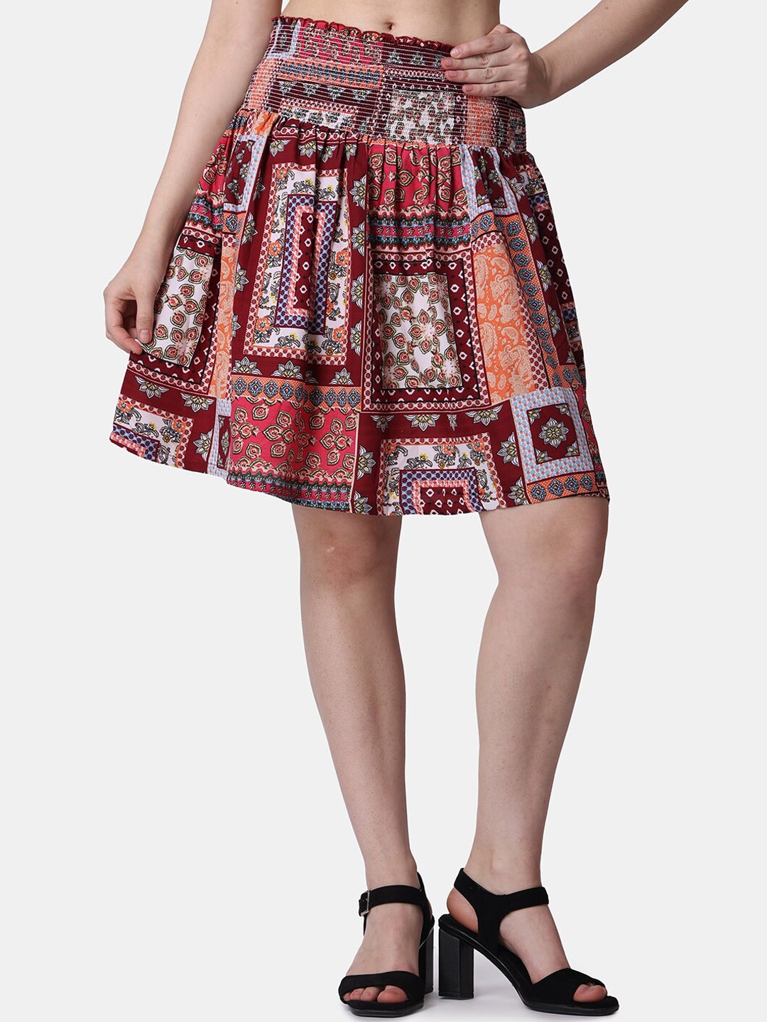 

Popwings Bohemian Printed Smocked Flared Knee Length Skirt, Red