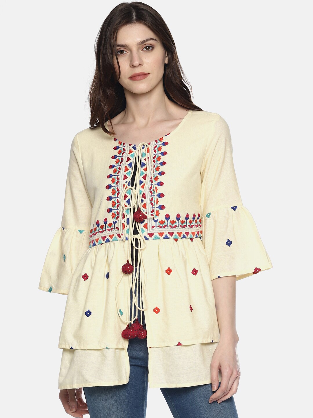 

UNTUNG Ethnic Embroidered Cotton Tie-Up Shrug, Off white