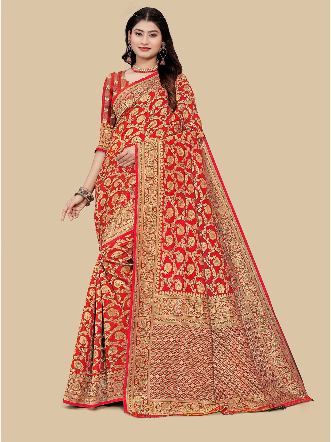 

Dori Ethnic Motifs Woven Design Zari Art Silk Saree, Red