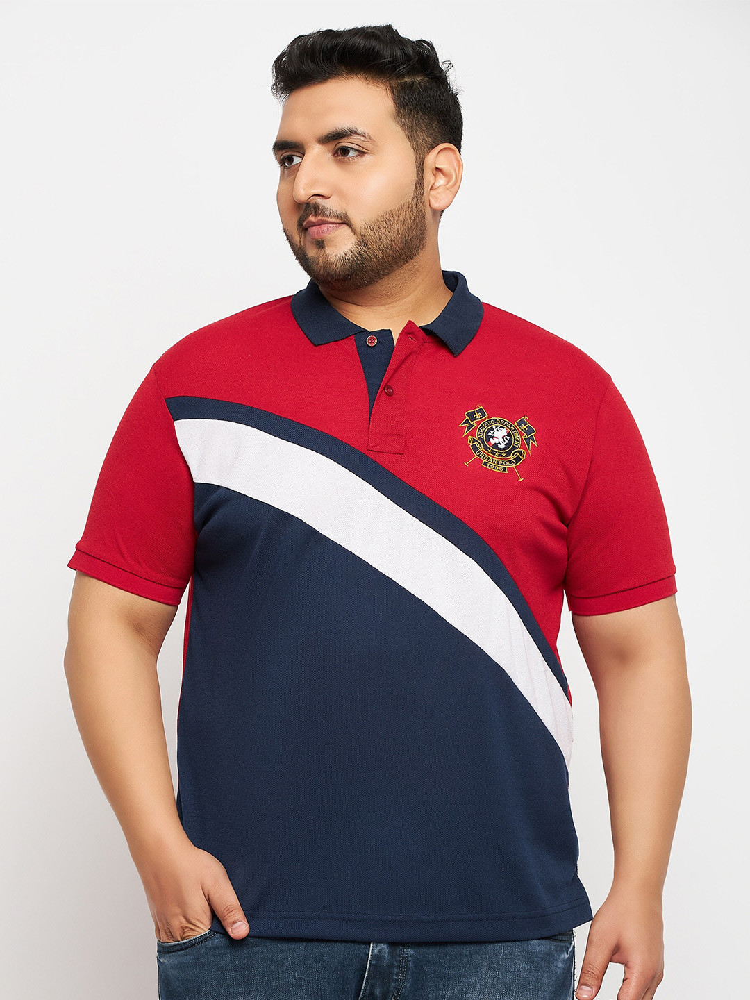 

AUSTIVO Plus Size Colourblocked Polo Collar Cotton T-Shirt, Red