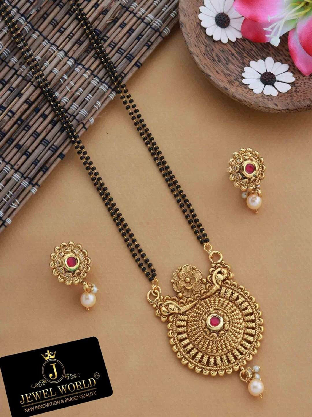 

JEWEL WORLD Gold-Plated Beaded Mangalsutra With Earrings