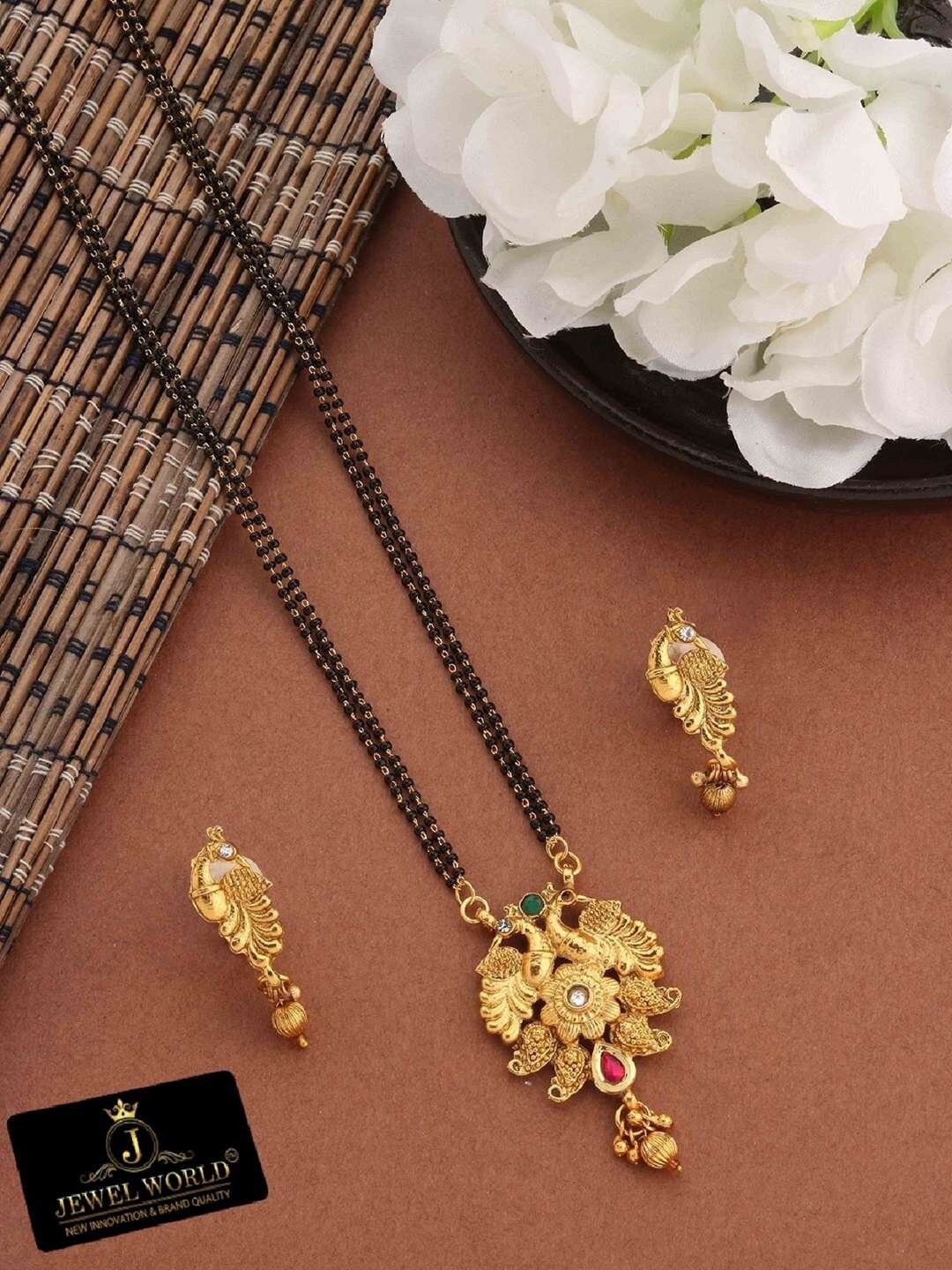 

JEWEL WORLD Gold-Plated Stone Studded & Beaded Mangalsutra With Earrings