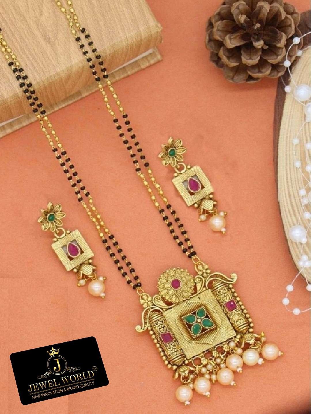 

JEWEL WORLD Gold-Plated Stone Studded & Beaded Mangalsutra With Earrings