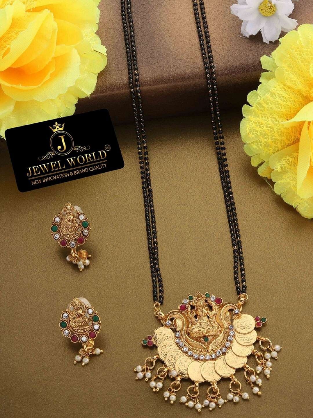 

JEWEL WORLD Gold-Plated Stone Studded & Beaded Mangalsutra With Earrings