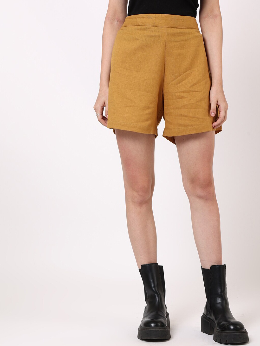 

UNTUNG Women Cotton Mid-Rise Slip-On Shorts, Mustard
