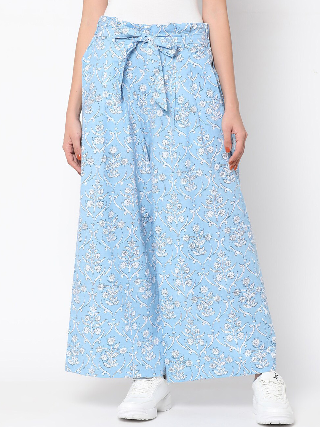 

UNTUNG Women Floral Printed High-Rise Pleated Cotton Flared Trousers, Blue