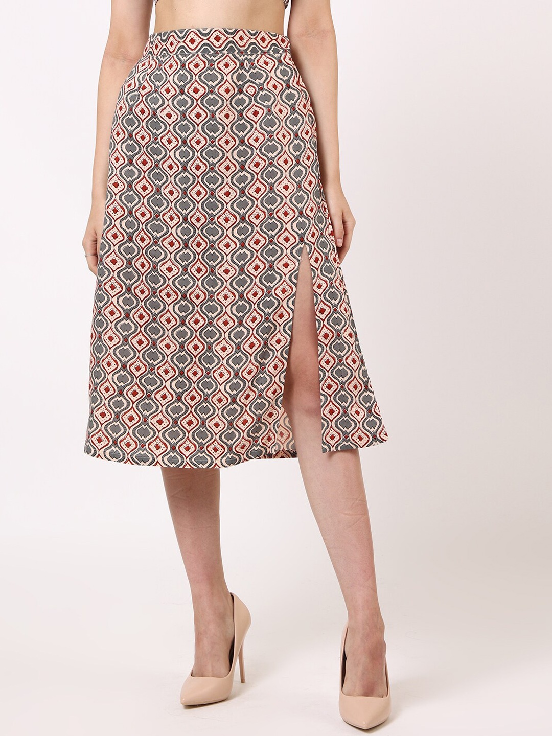 

UNTUNG Geometric Printed Pure-Cotton Straight Skirts, Grey