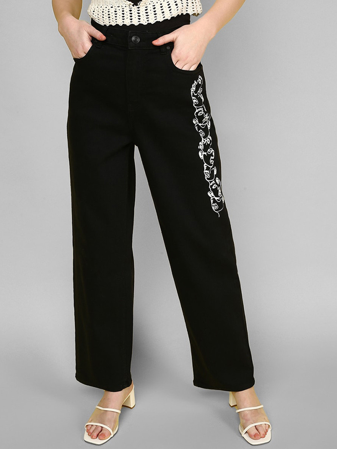 

JUNEBERRY Women Original Wide Leg High-Rise Printed Cotton Stretchable Jeans, Black