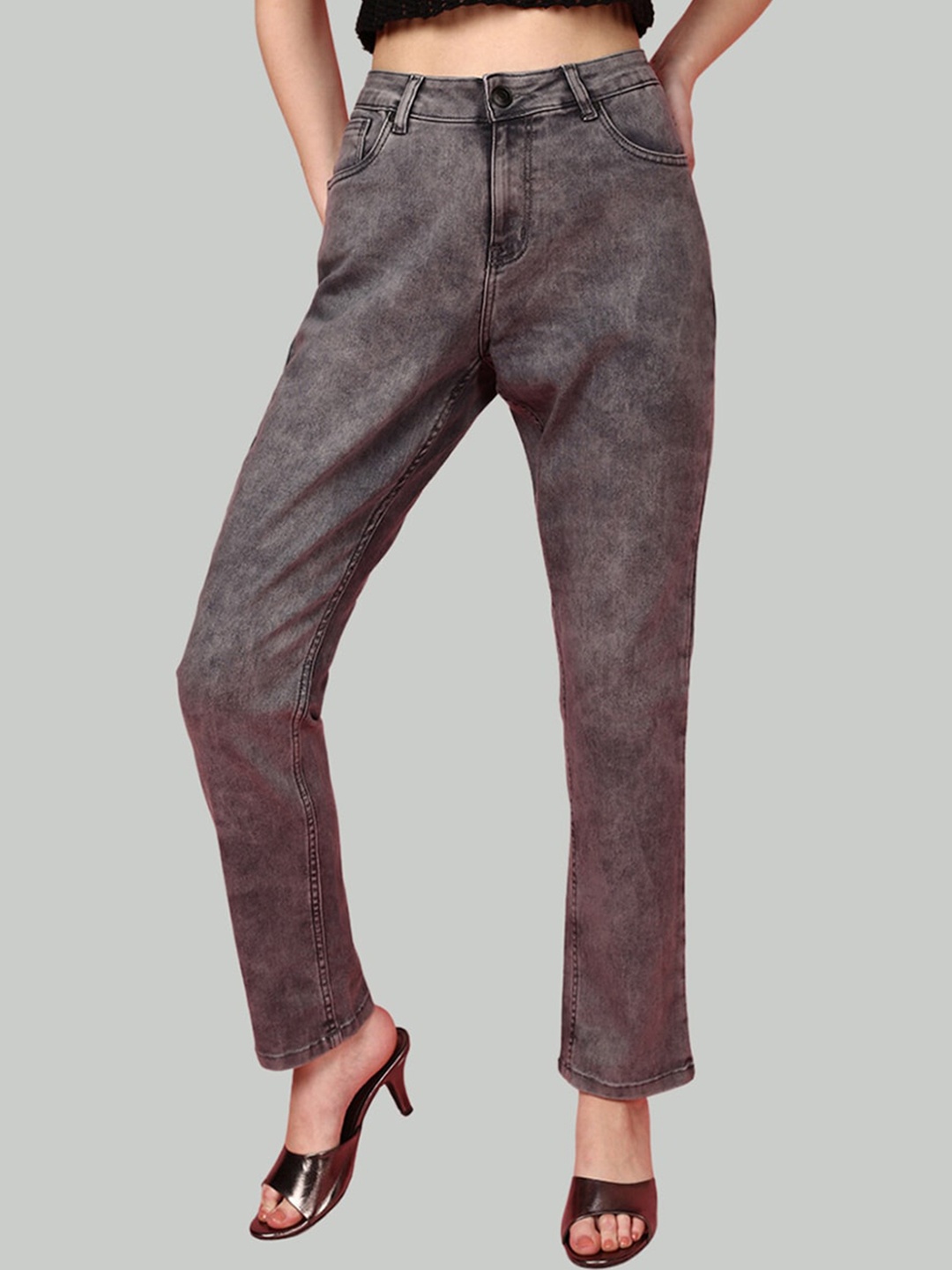 

JUNEBERRY Women Original Straight Fit High-Rise Cotton Stretchable Jeans, Grey