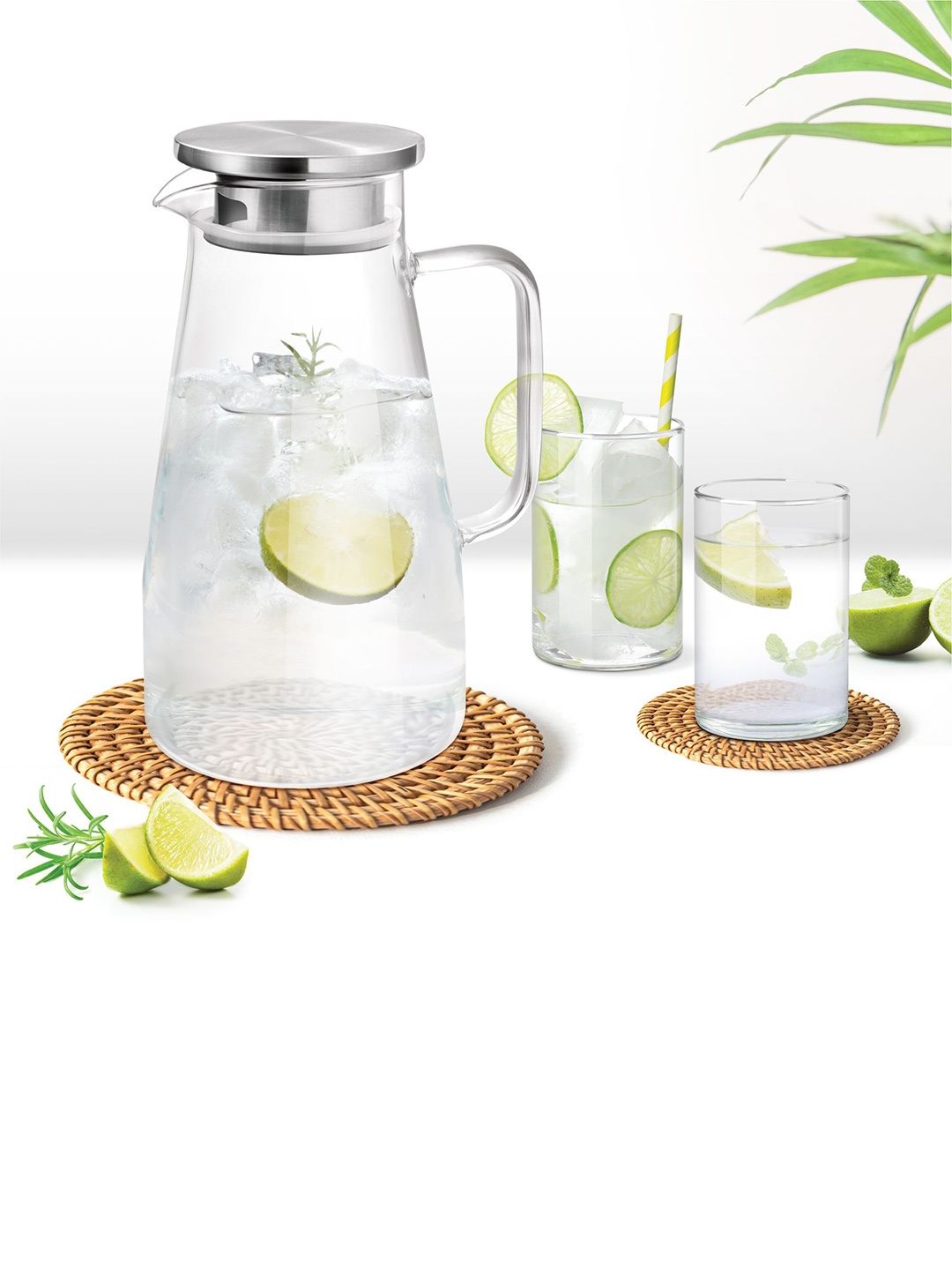 

Treo Borosilicate Iconic Lemon Glass Set With Jug 6 Glasses 300 ml Each And Jug 1800 ml, Transparent