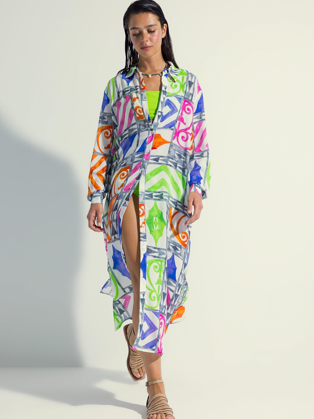 

DeFacto Abstract Printed Cover-Up Swimwear Dress, Green