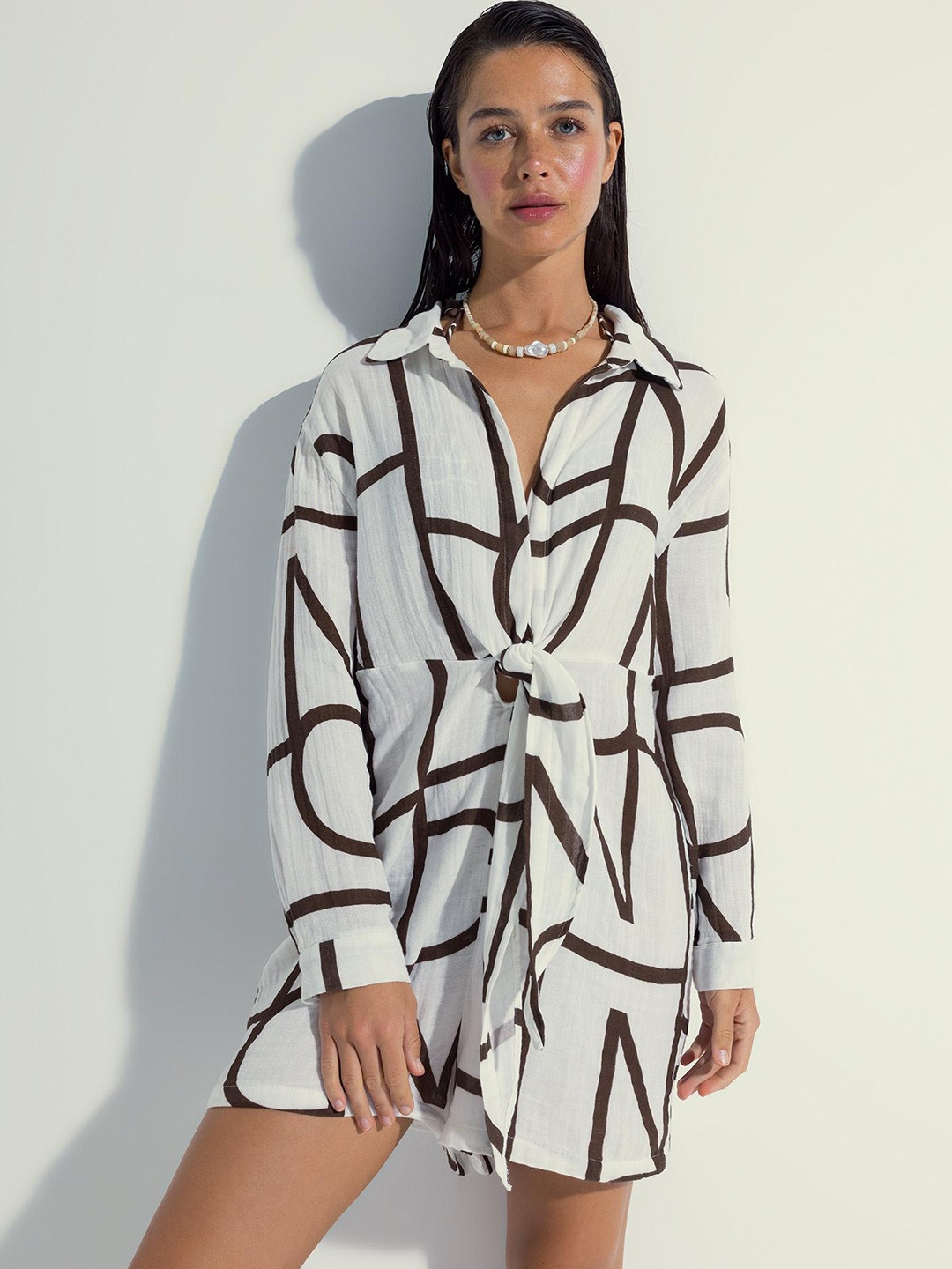 

DeFacto Printed Pure Cotton Shirt Collar Playsuit, White