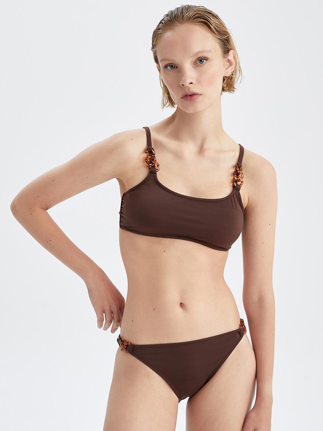 

DeFacto Round Neck Shoulder Straps Swim Bikini Set, Brown