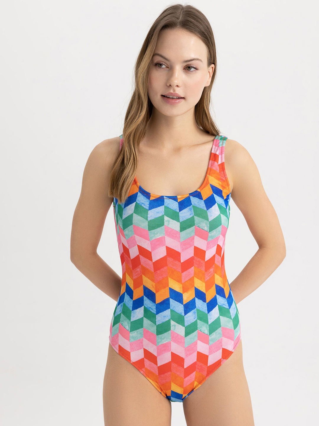 

DeFacto Geometric Printed Round-Neck Bodysuit, Blue
