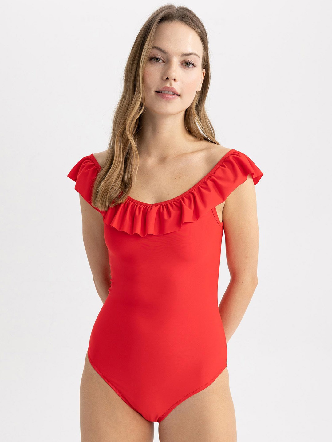 

DeFacto Round Neck Ruffled Swim Bodysuit, Red