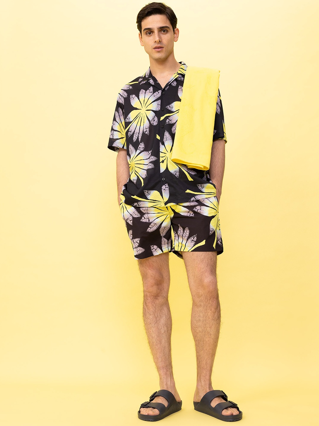 

DeFacto Floral Printed Cuban Collar Shirt With Shorts Set, Black