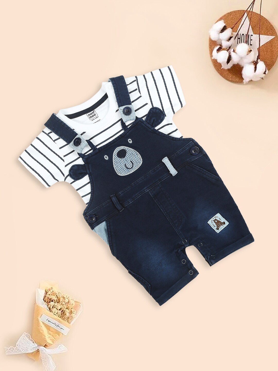 

MeeMee Infant Kids Striped Cotton T-shirt With Dungaree, Navy blue
