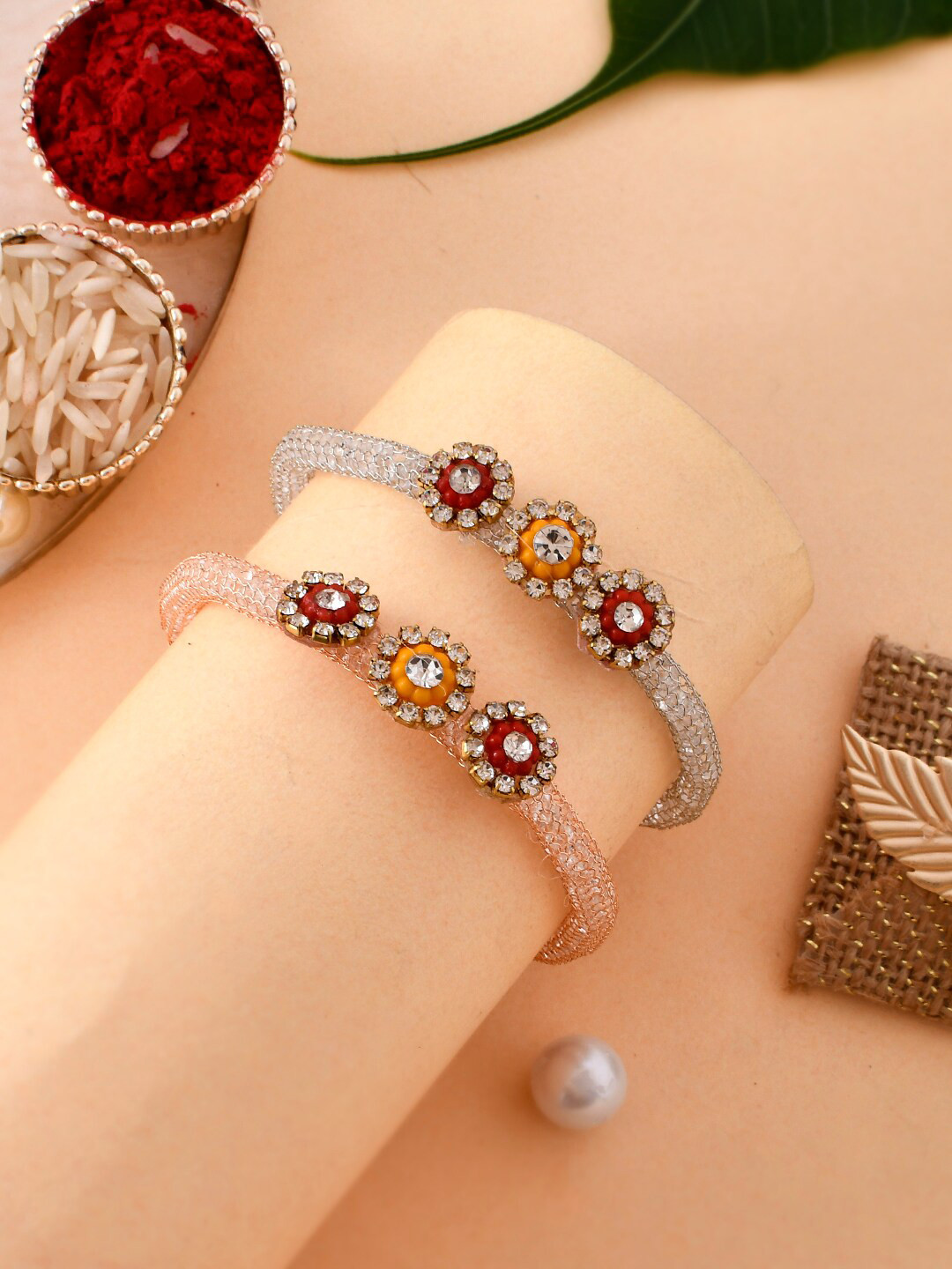 

Aapno Rajasthan Set Of 2 Bracelet Rakhi with Crystal Stones With Roli Rice & Greeting Card, Silver