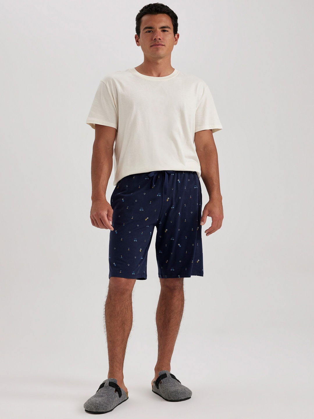 

DeFacto Men Printed Pure Cotton Lounge Shorts, Blue