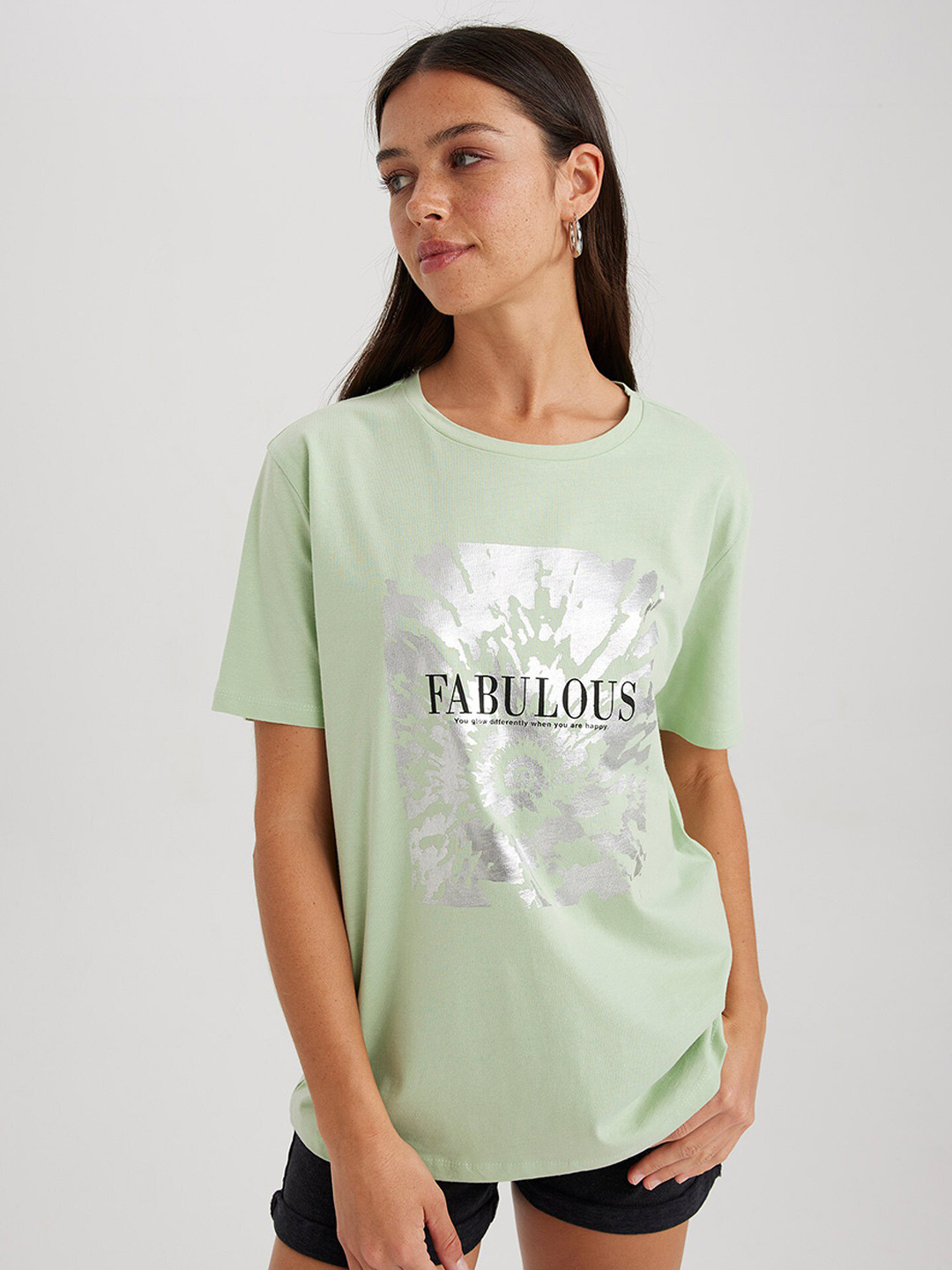 

DeFacto Typography Printed Pure Cotton Casual T-shirt, Green