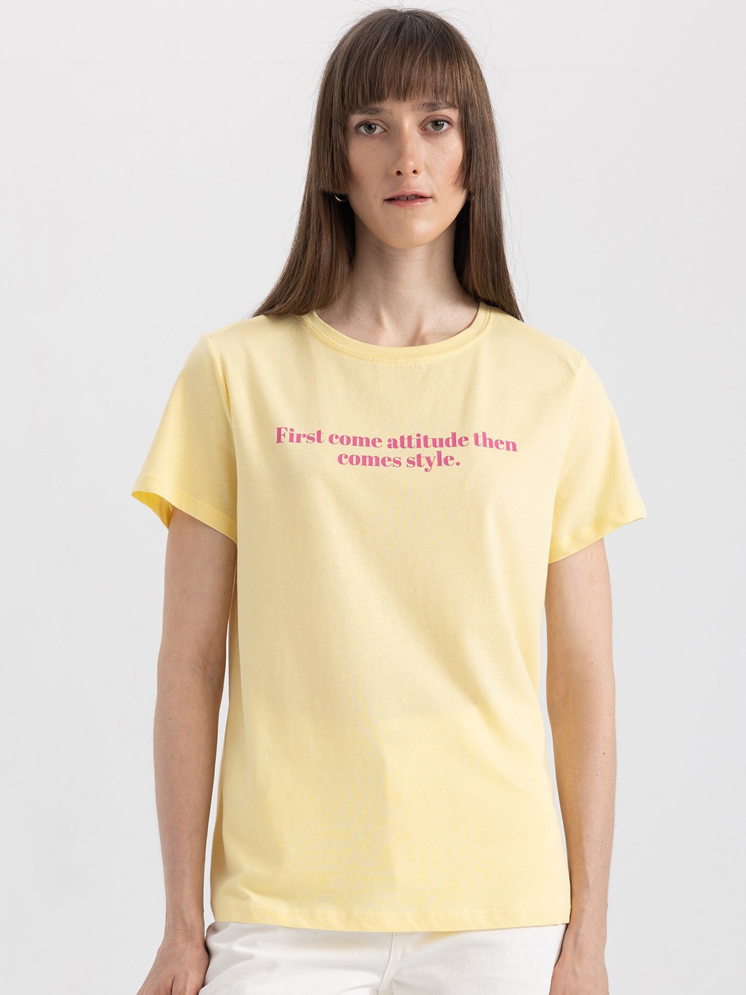 

DeFacto Typography Printed Round Neck Pure Cotton T-shirt, Yellow
