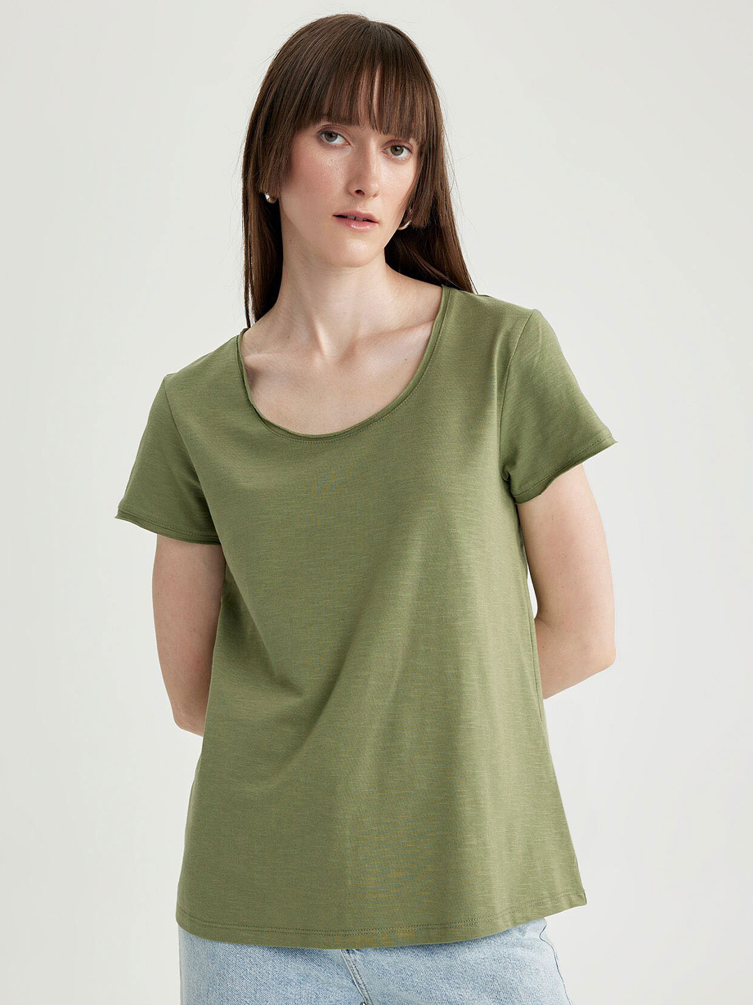 

DeFacto Round Neck Cotton T-Shirt, Olive