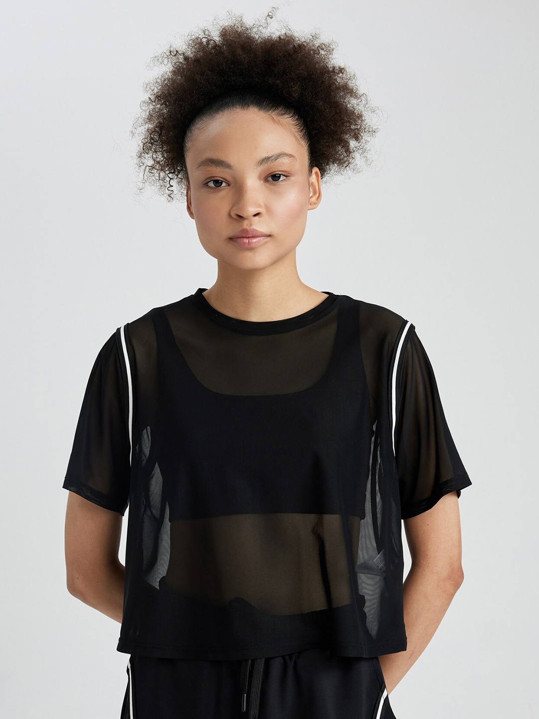 

DeFacto Round Neck Short Sleeves Sheer T-shirt, Black