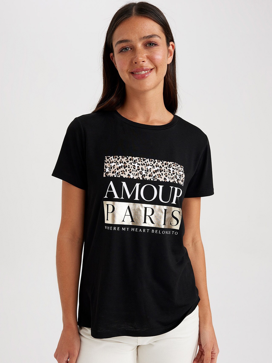 

DeFacto Typography Printed Casual T-Shirt, Black