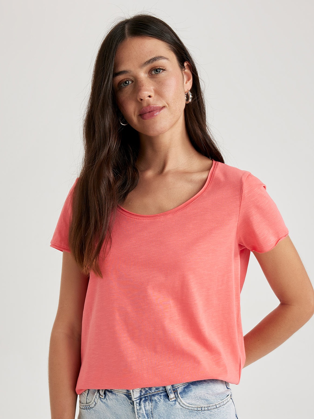 

DeFacto Round Neck Short Sleeves Pure Cotton T-shirt, Coral