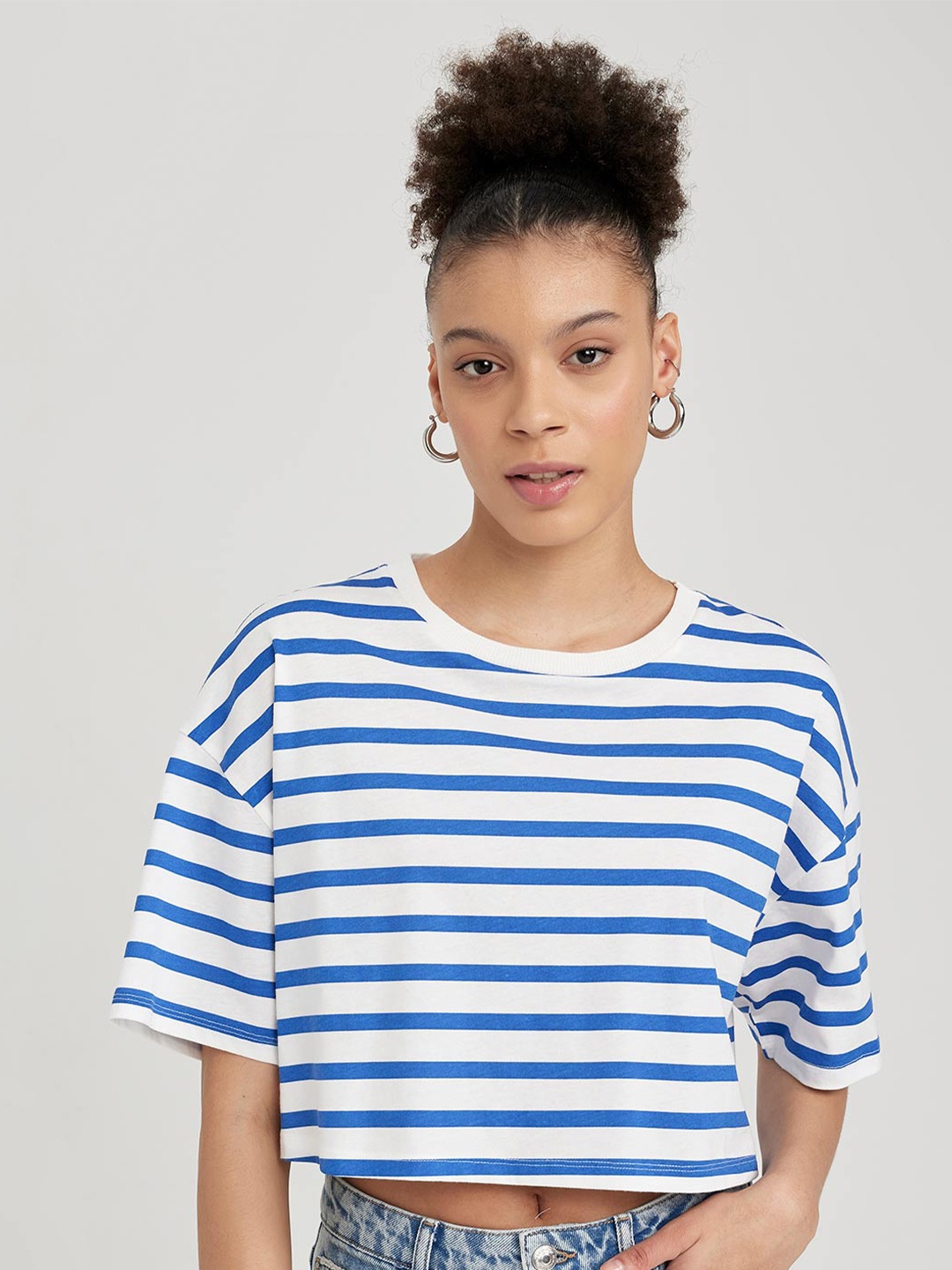 

DeFacto Striped Casual Pure Cotton Crop T-shirt, Blue