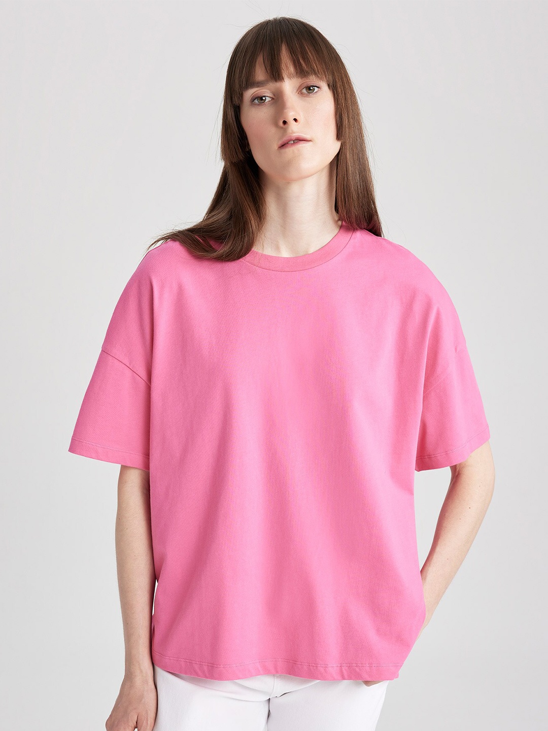 

DeFacto Drop-Shoulder Sleeves Pure Cotton T-shirt, Pink